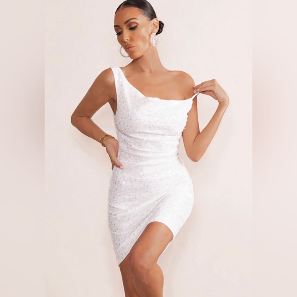Club L Sparkly Night WHITE SEQUIN COWL NECK MINI DRESS US Size 8 - Picture 4 of 7